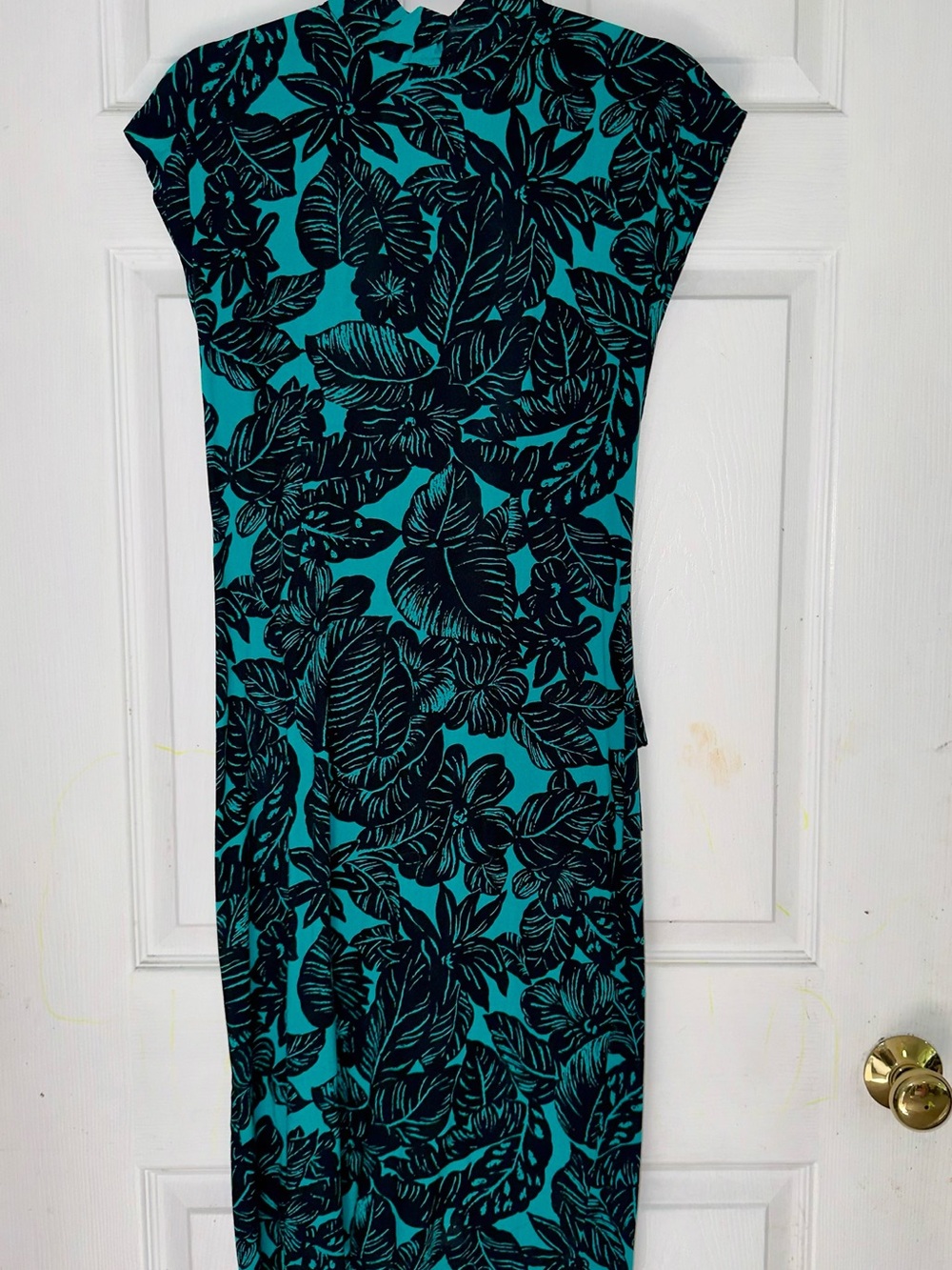 Vintage Milanzo Teal and Black Tropical Print Maxi Dress Peplum & Open Back 7/8